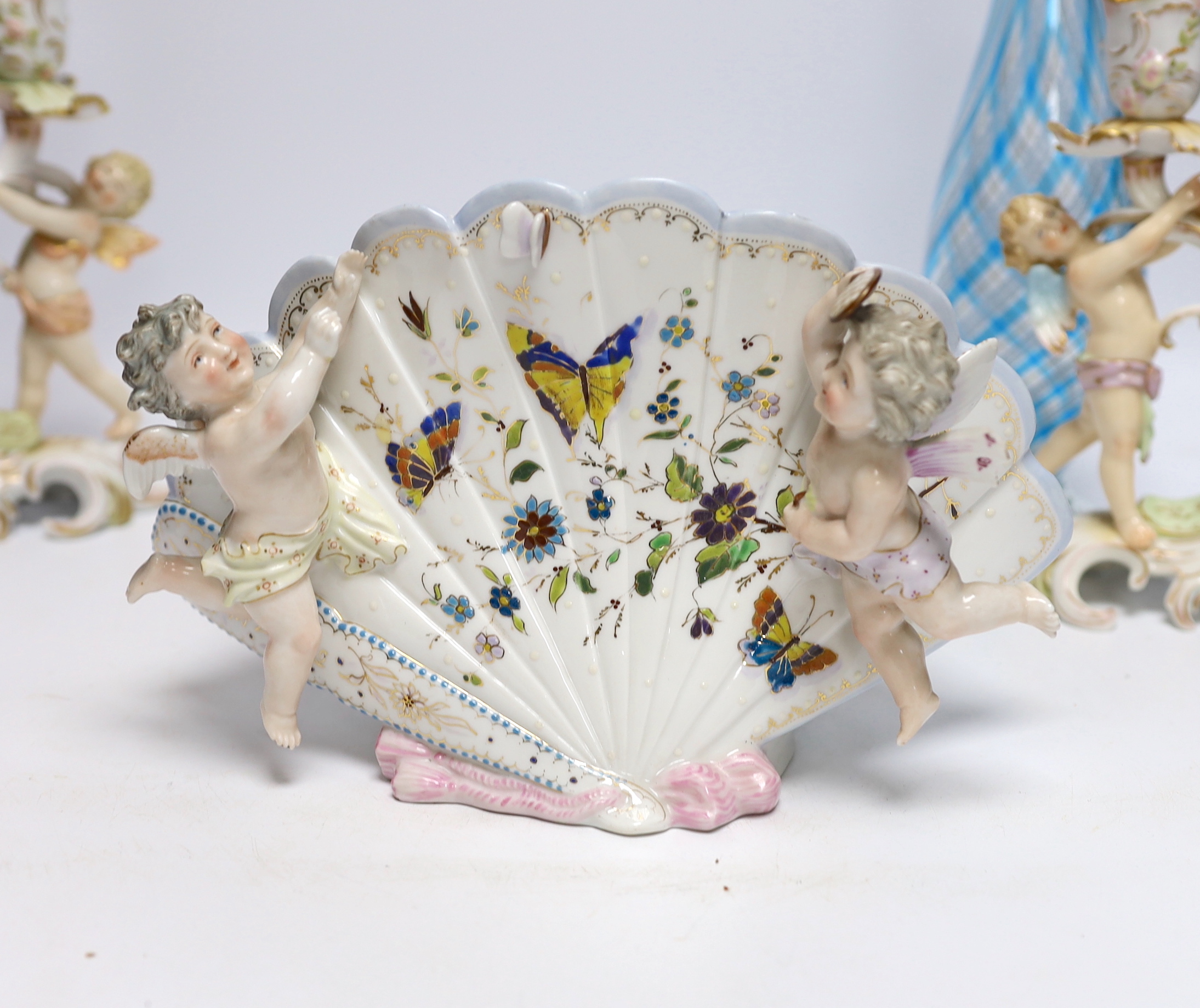 A group of mixed ceramics and glassware including an art glass jug, a leaf dish and a late 19th / early 20th century continental porcelain figures including Volkstedt, largest 32cm high